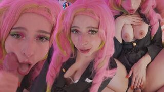 Mitsuri kanroji cosplayben komálja a fasznak a lyukait és nagy arconlövellést kap